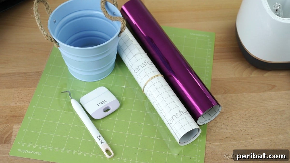 Roll of purple vinyl on Cricut mat, ready for cutting