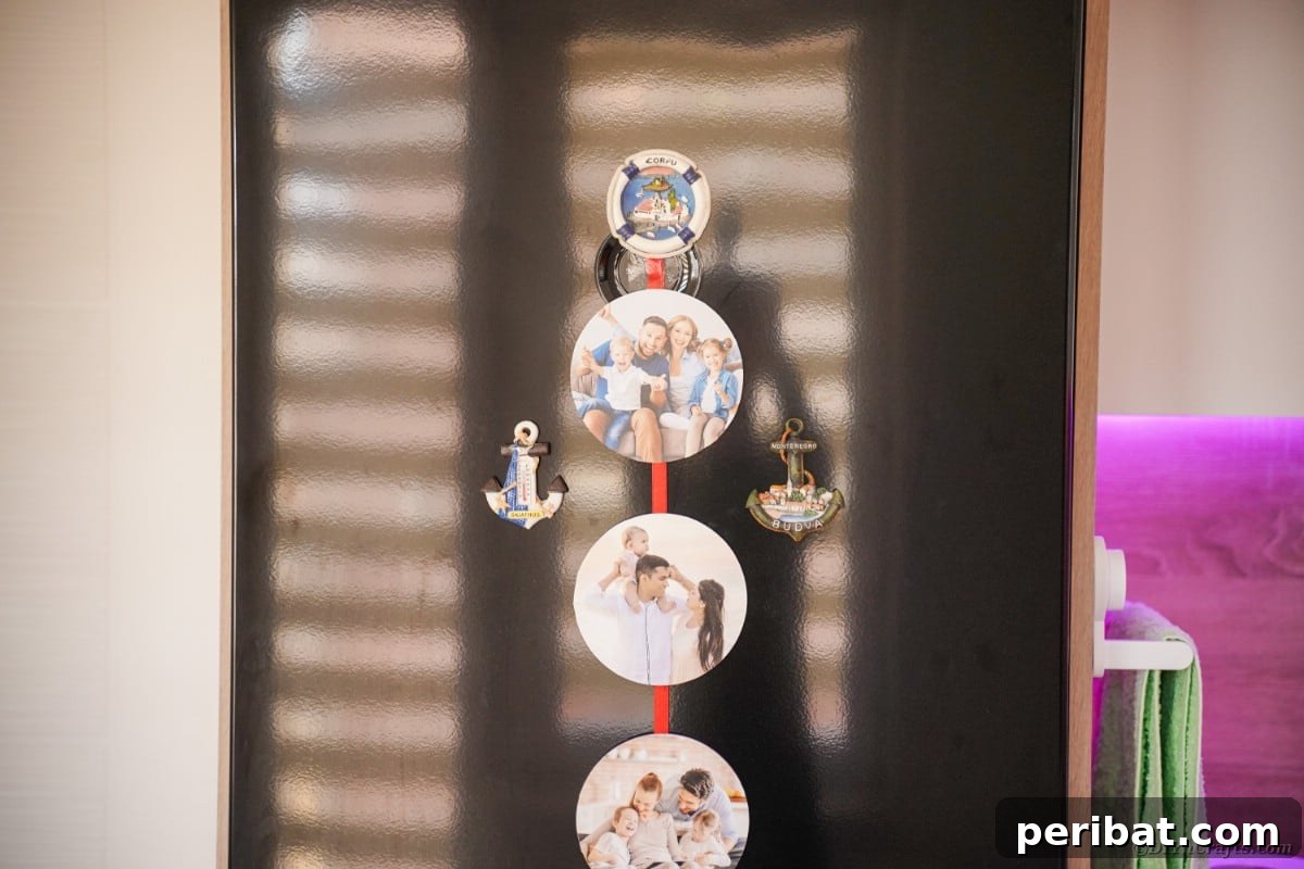 Creative CD Upcycle: DIY Photo Garland for Memories 7 Vibrant red ribbon adorned with personalized photos, creatively hung on a refrigerator, making a cheerful and memorable display.