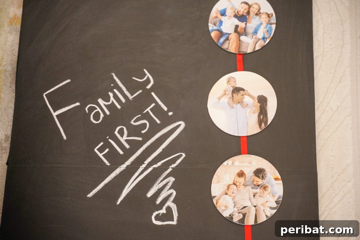Creative CD Upcycle: DIY Photo Garland for Memories 8 A creative photo ribbon, featuring personalized pictures on a red ribbon, elegantly displayed against a chalkboard that reads 'Family First'.