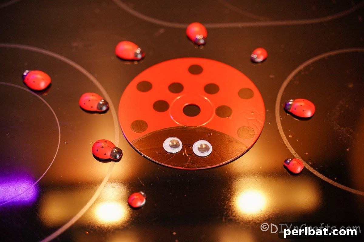An upcycled CD ladybug lying flat on a black cooktop, showcasing its detailed painted design.