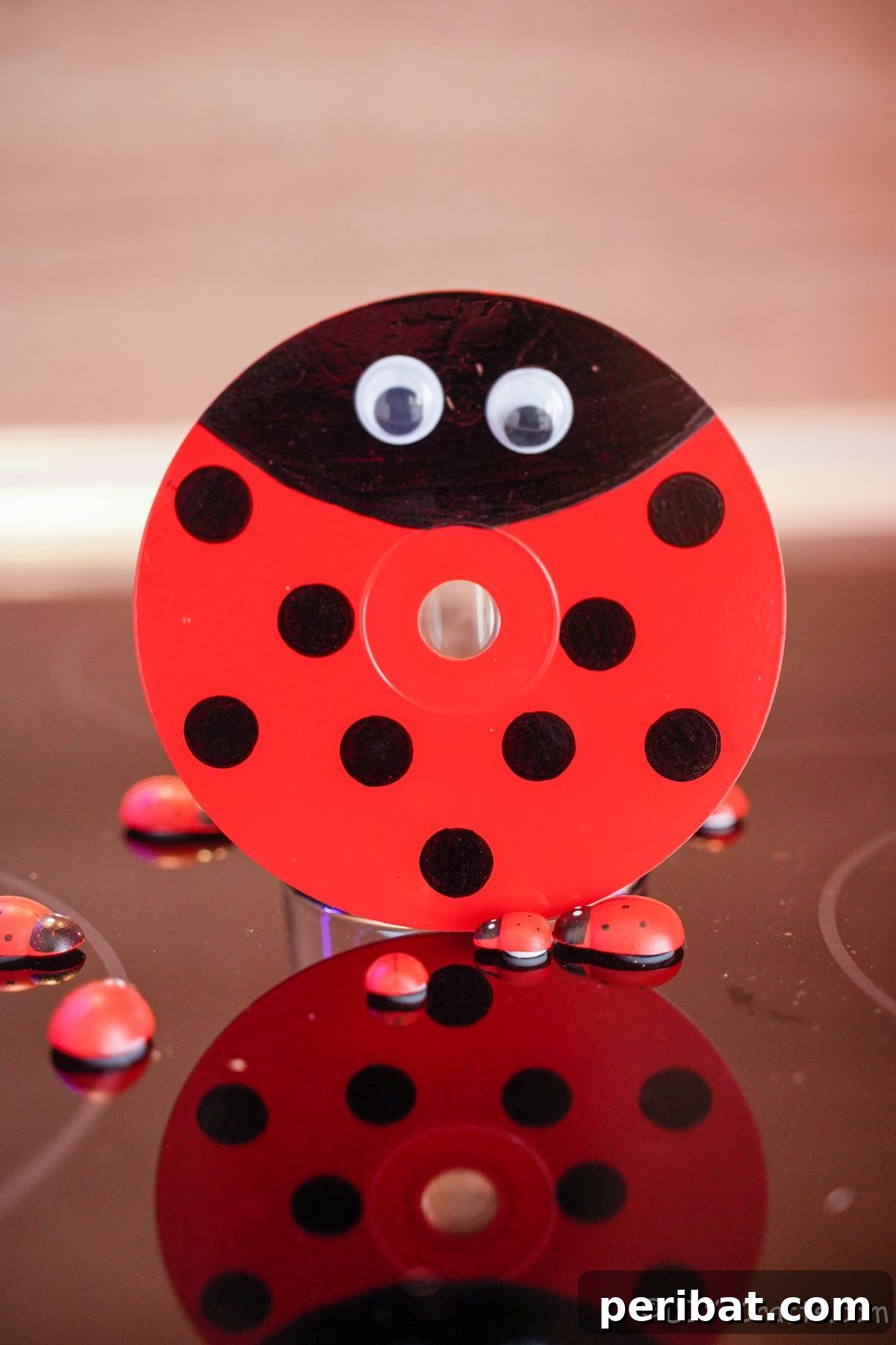 An upcycled CD ladybug standing upright, flanked by smaller ladybug rocks, all displayed on a sleek black table.