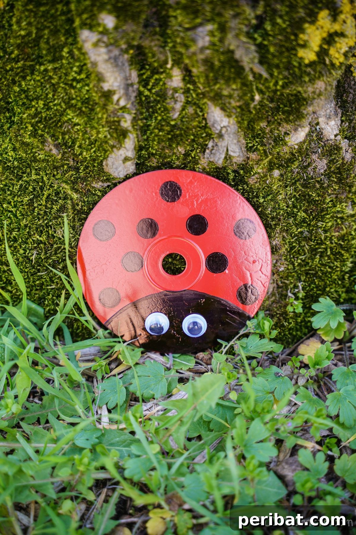 An upcycled CD ladybug leaning against a mossy tree trunk, blending into the natural garden environment.