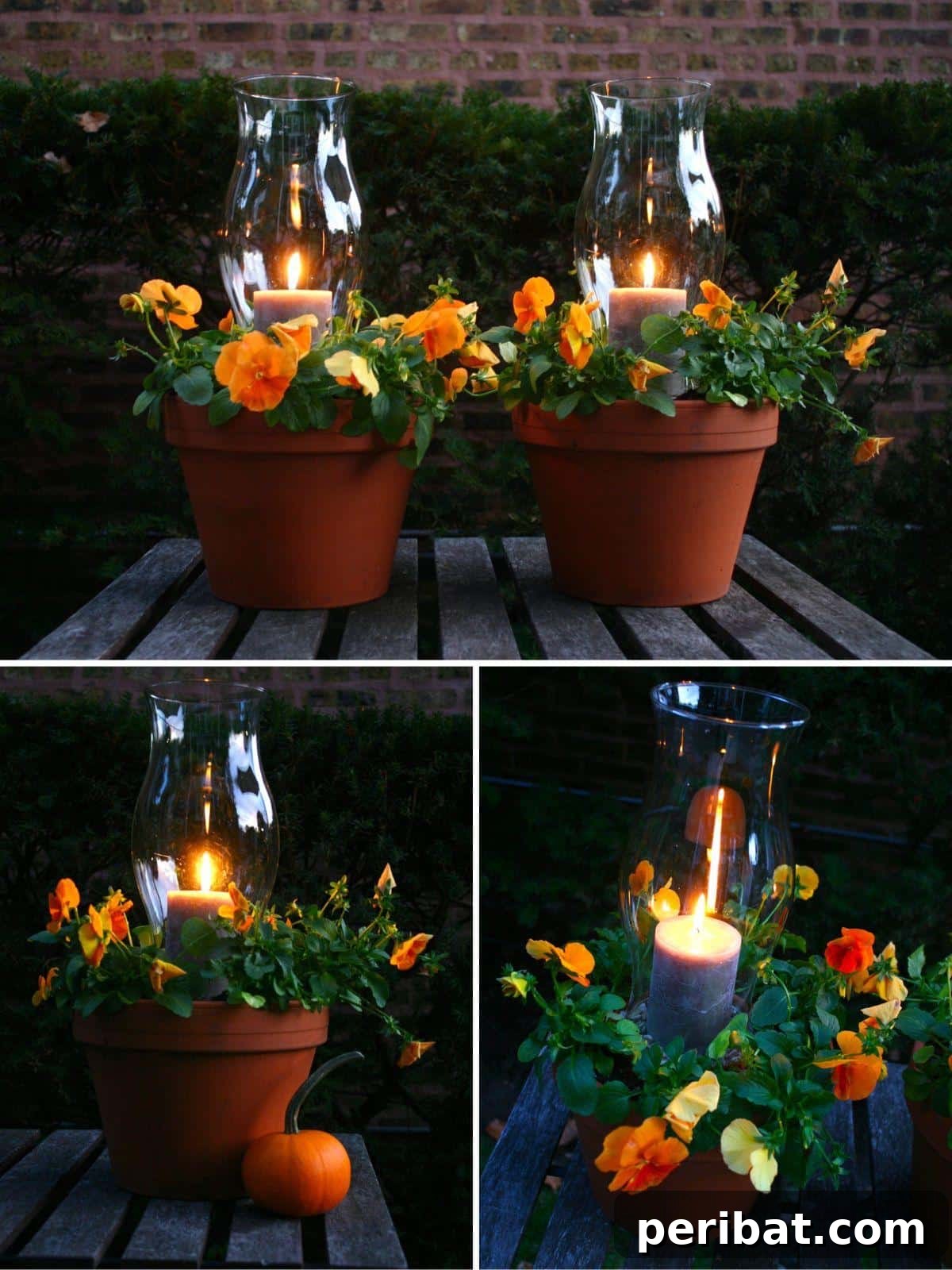 27 Terracotta Crafts to Elevate Your Outdoor Decor 11 Plant Pot-Meets-Lantern collage, showing terra cotta pots combined with candles to create decorative lanterns.