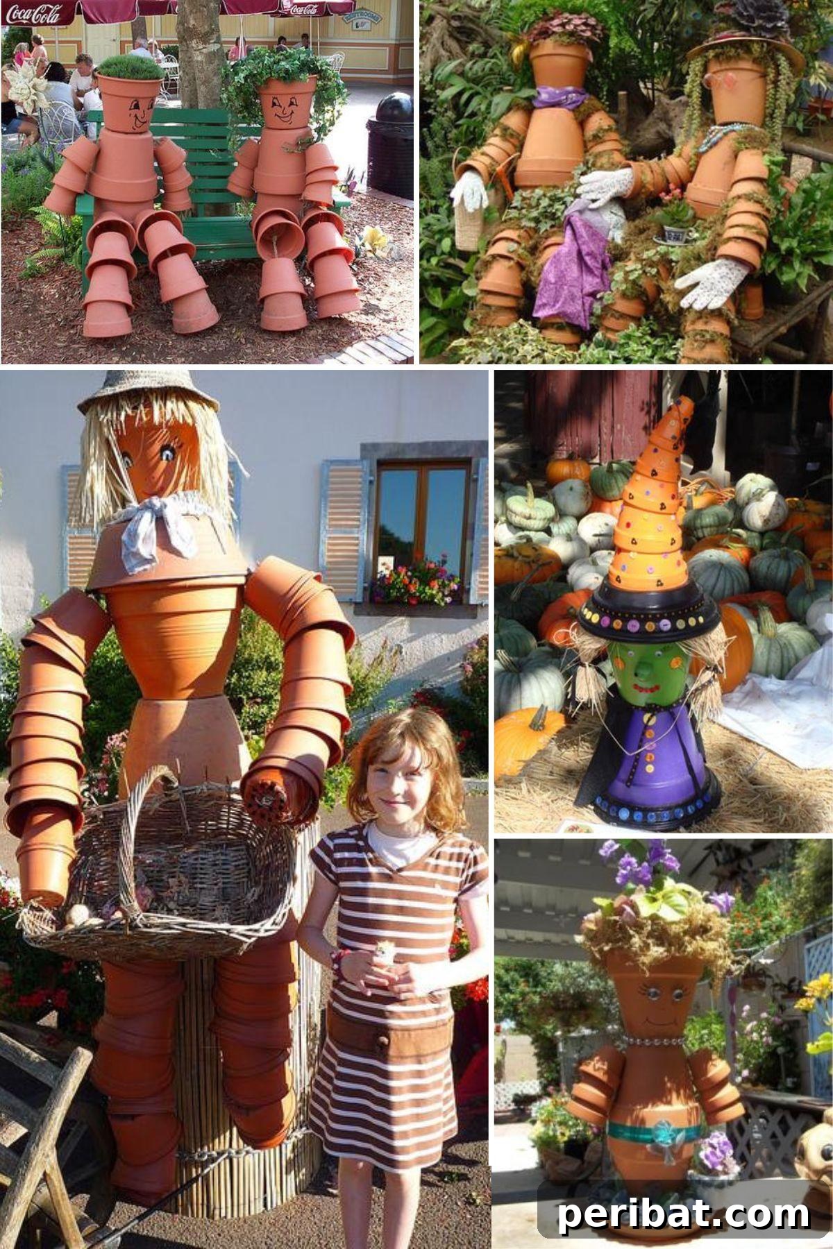 27 Terracotta Crafts to Elevate Your Outdoor Decor 13 DIY Clay Pot People collage, showcasing whimsical garden figures made from terra cotta pots.