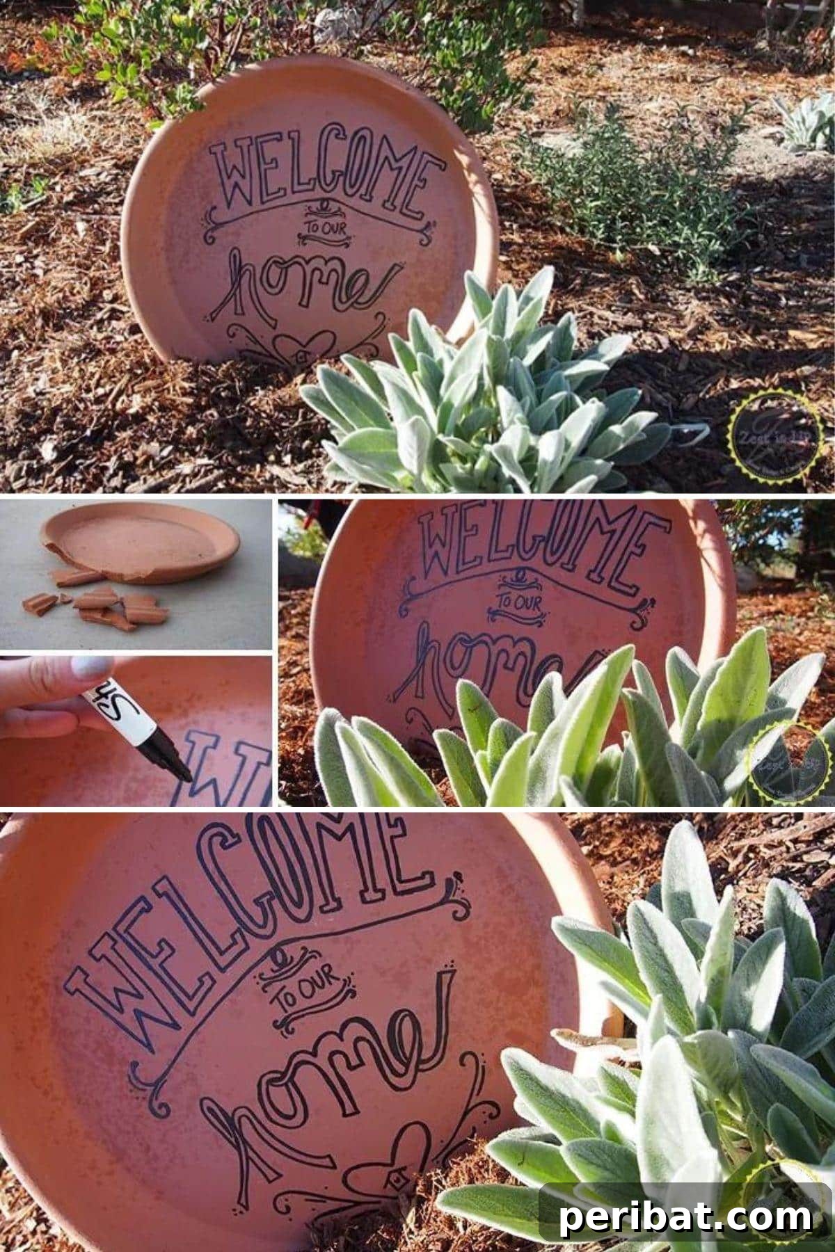27 Terracotta Crafts to Elevate Your Outdoor Decor 14 DIY Saucer Welcome Sign collage, showing repurposed terra cotta saucers painted with welcoming messages.