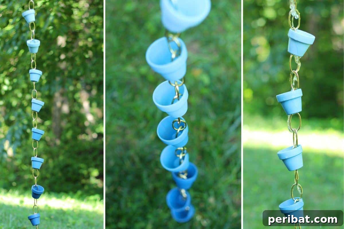 27 Terracotta Crafts to Elevate Your Outdoor Decor 16 DIY pot Rain Chain collage, showing decorative rain chains made from small terra cotta pots.