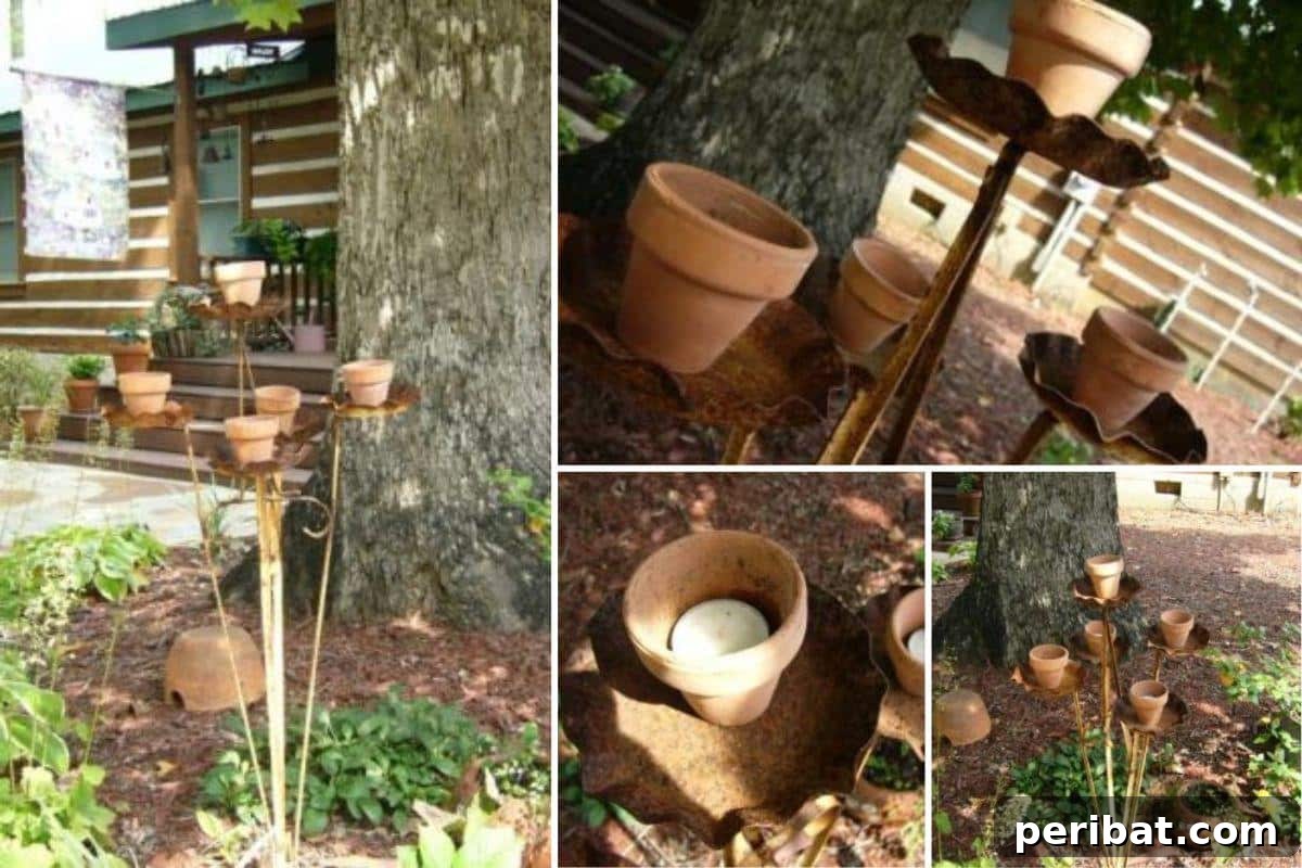 27 Terracotta Crafts to Elevate Your Outdoor Decor 17 DIY Plant Stand Candelabrum collage, featuring an old plant stand repurposed with small clay pots and tea lights.