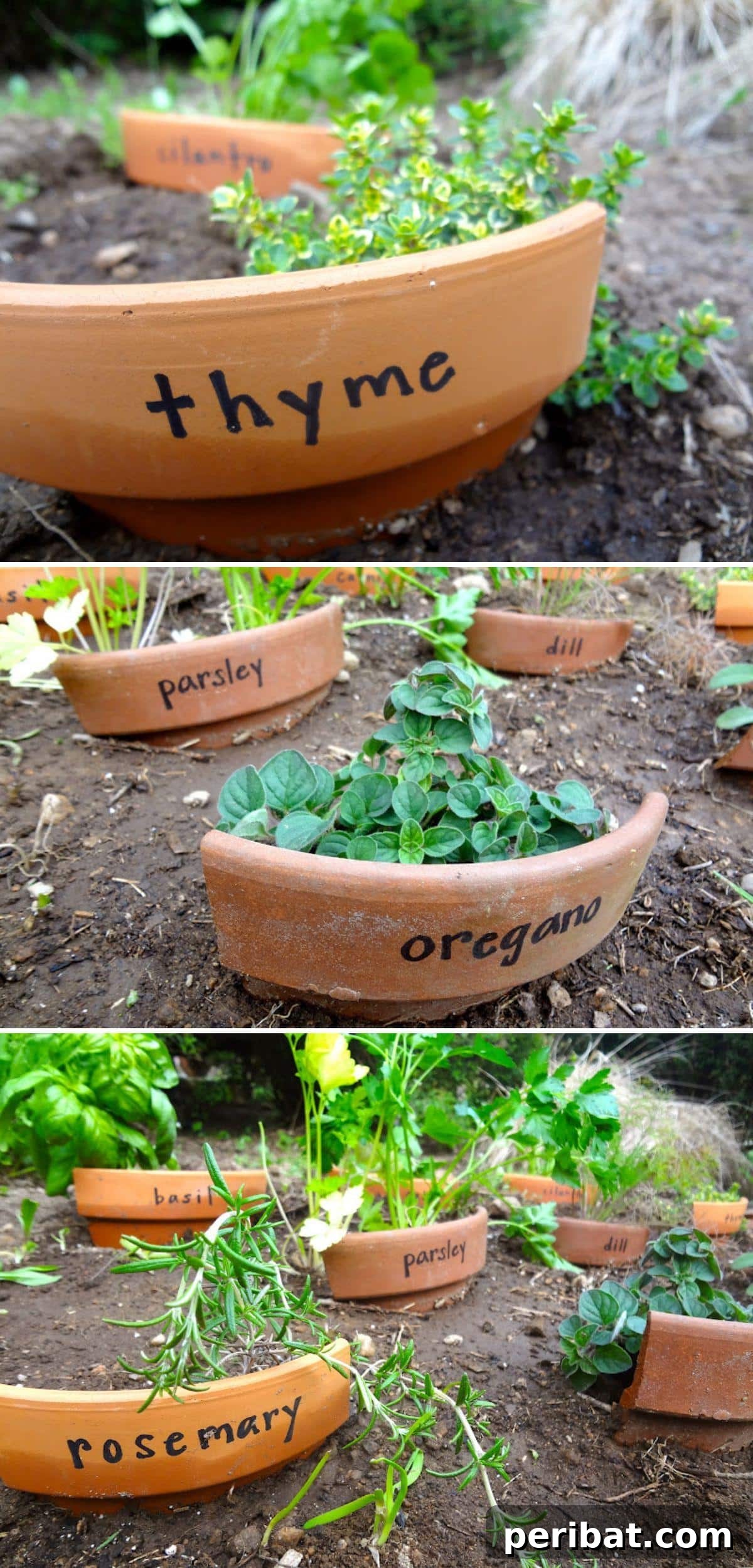 27 Terracotta Crafts to Elevate Your Outdoor Decor 18 DIY Herb Marker collage, showing broken terra cotta pot pieces used as creative plant labels.