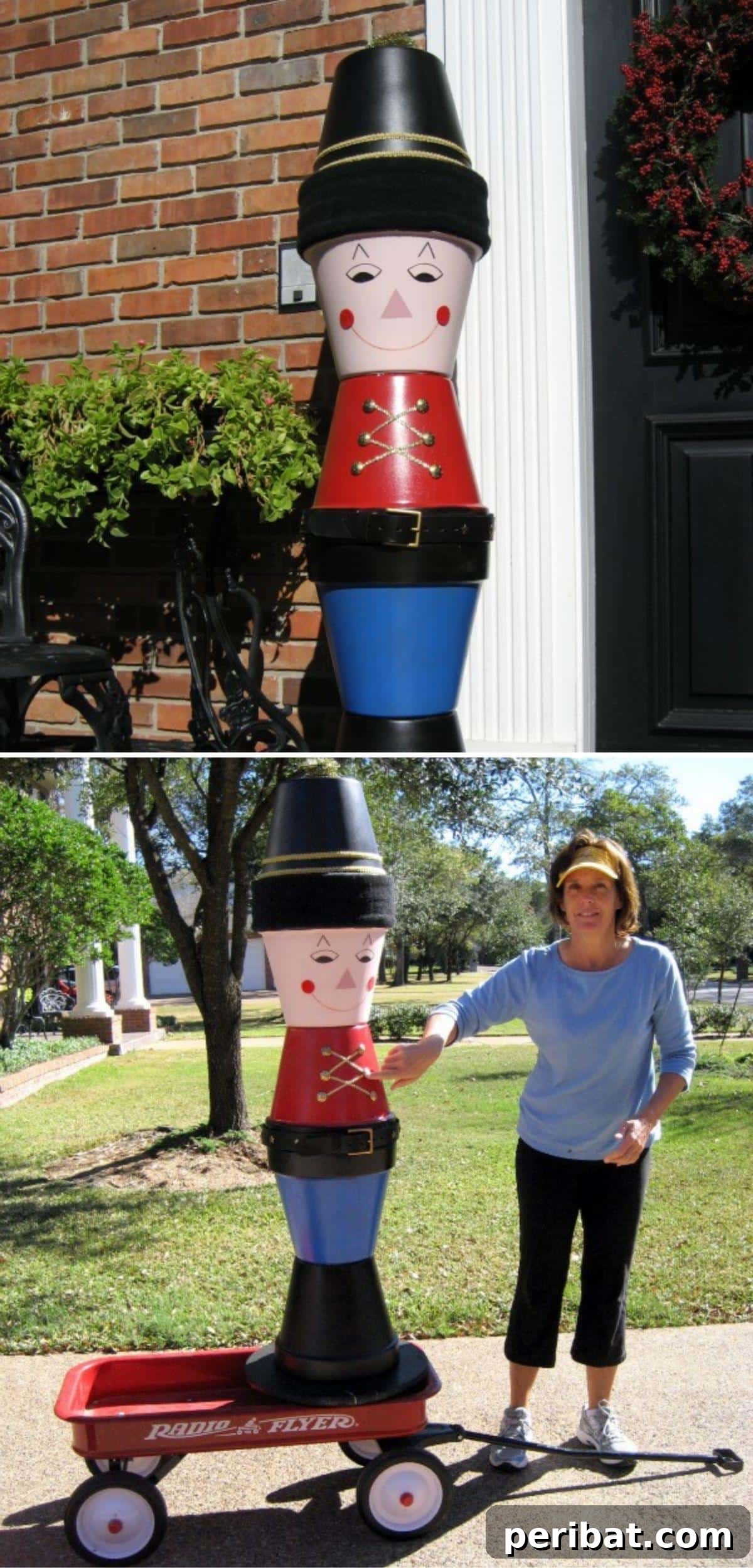 27 Terracotta Crafts to Elevate Your Outdoor Decor 19 DIY Clay Pot Christmas Soldier collage, a large decorative soldier figure made from terra cotta pots.