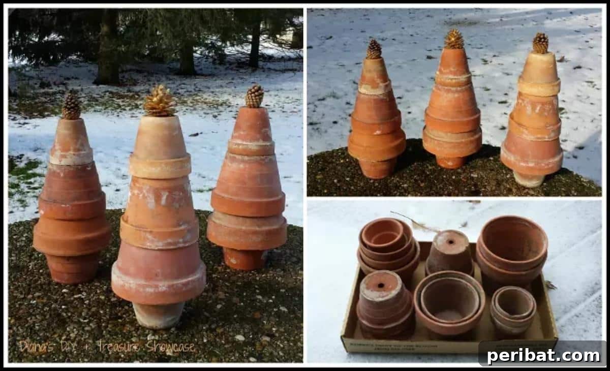 27 Terracotta Crafts to Elevate Your Outdoor Decor 20 DIY Christmas Trees from pots, showing stacked terra cotta pots decorated as rustic Christmas trees.