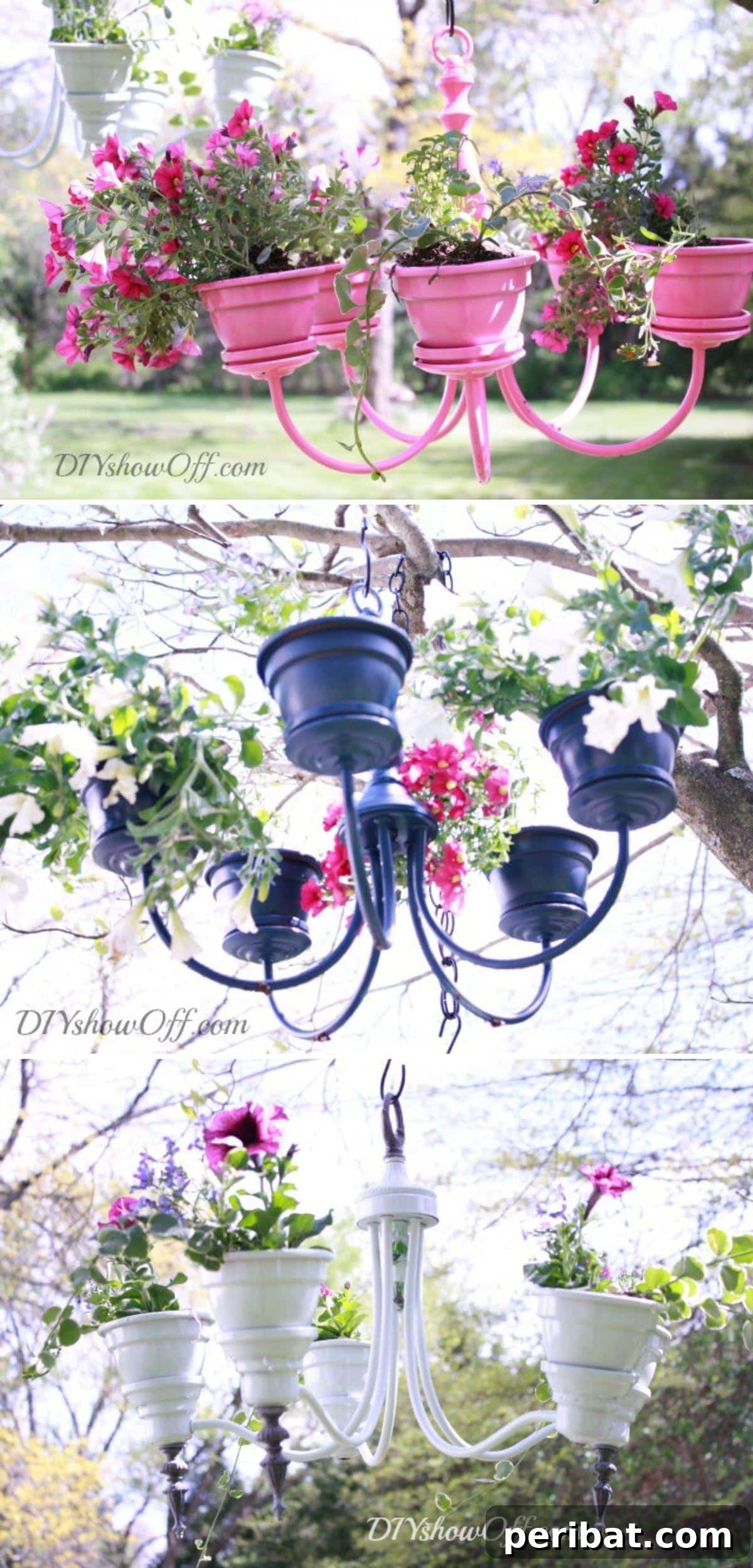27 Terracotta Crafts to Elevate Your Outdoor Decor 3 Chandelier Planters collage showcasing upcycled chandeliers transformed into unique multi-tier plant holders.