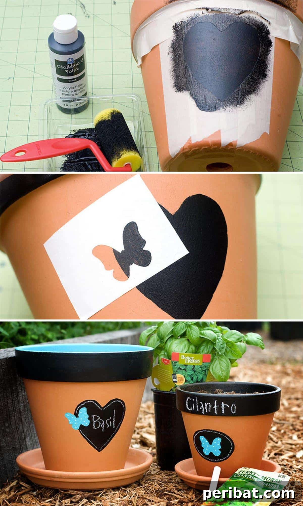 27 Terracotta Crafts to Elevate Your Outdoor Decor 26 DIY Chalkboard Pots collage, featuring terra cotta pots painted with chalkboard paint for customizable labels.
