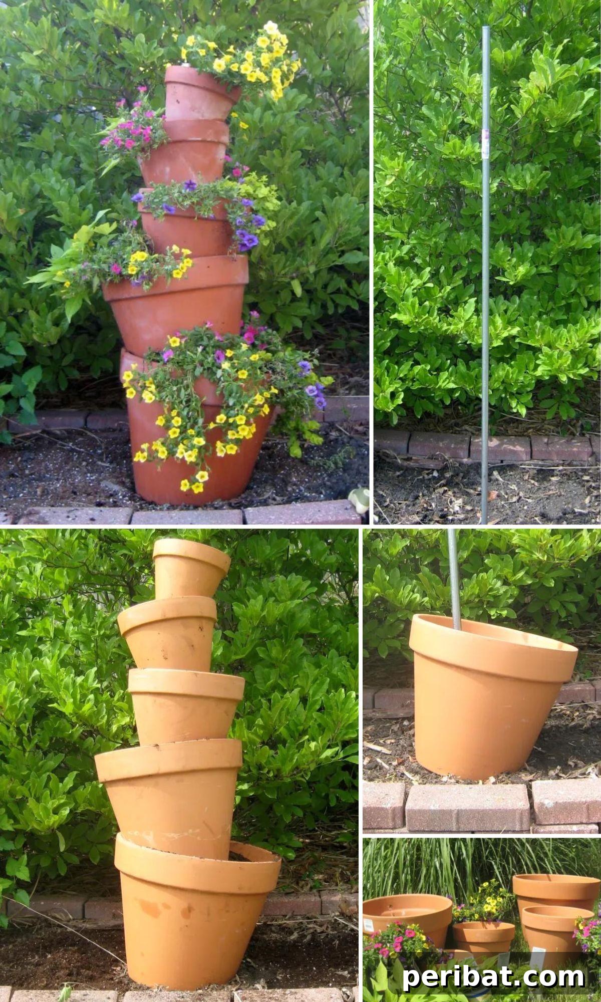 27 Terracotta Crafts to Elevate Your Outdoor Decor 29 DIY Flower Tower collage, a tall, cascading display of flowers created by stacking terra cotta pots.