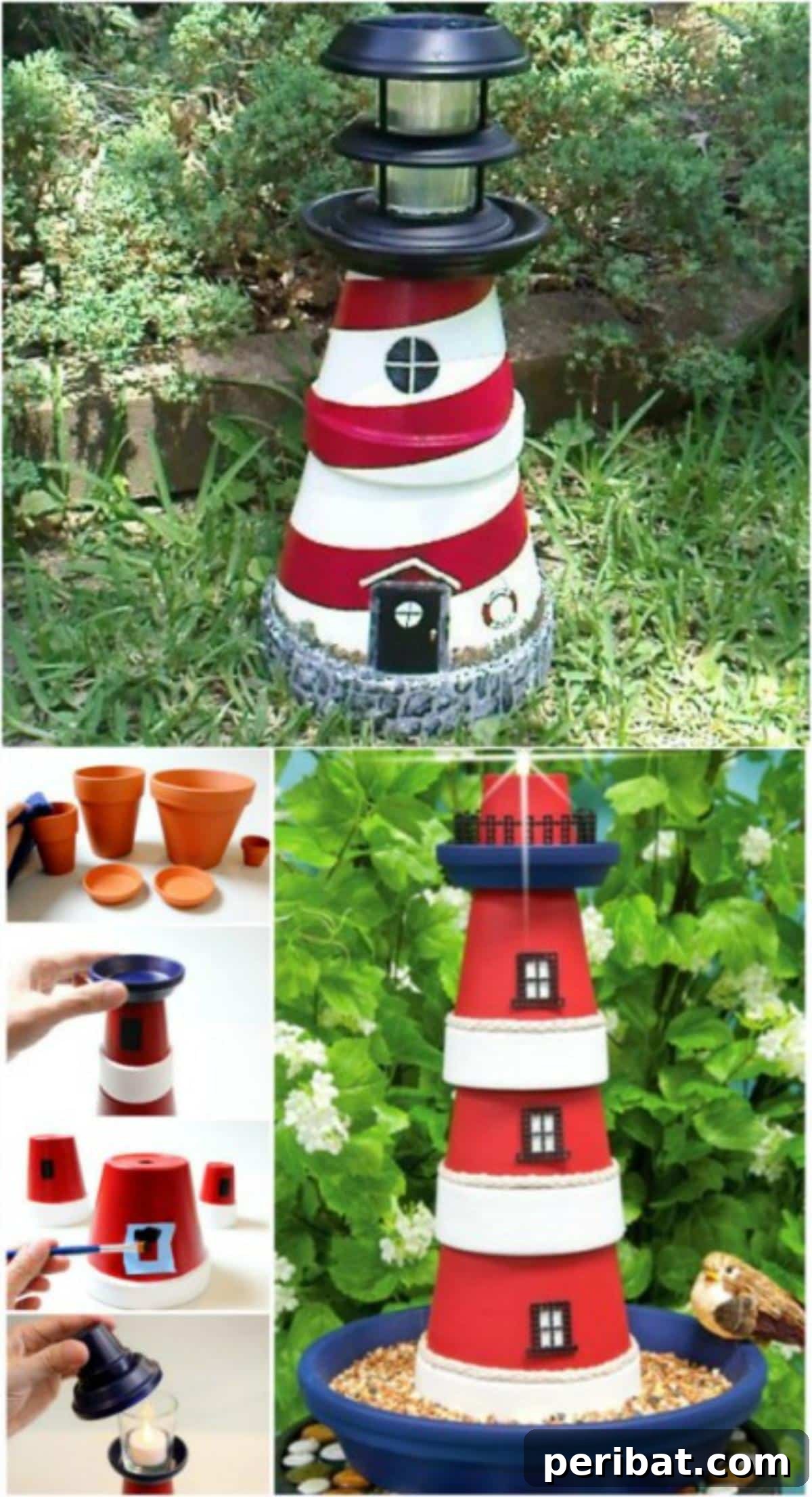 27 Terracotta Crafts to Elevate Your Outdoor Decor 6 Decorative garden lighthouses made from stacked terra cotta pots, lit with tea lights.