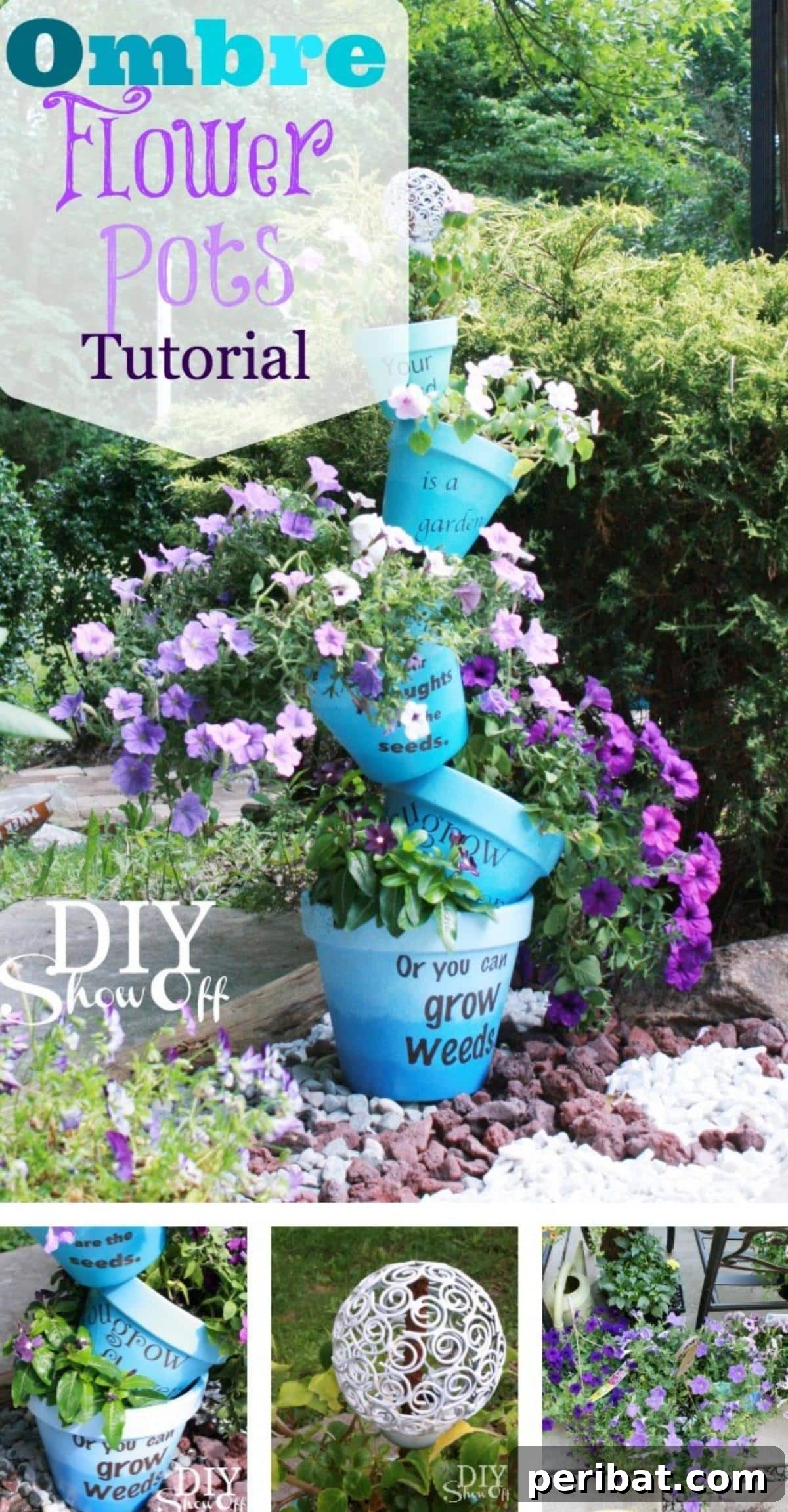 27 Terracotta Crafts to Elevate Your Outdoor Decor 8 DIY Crooked Tower collage, featuring whimsically stacked and painted terra cotta pots.