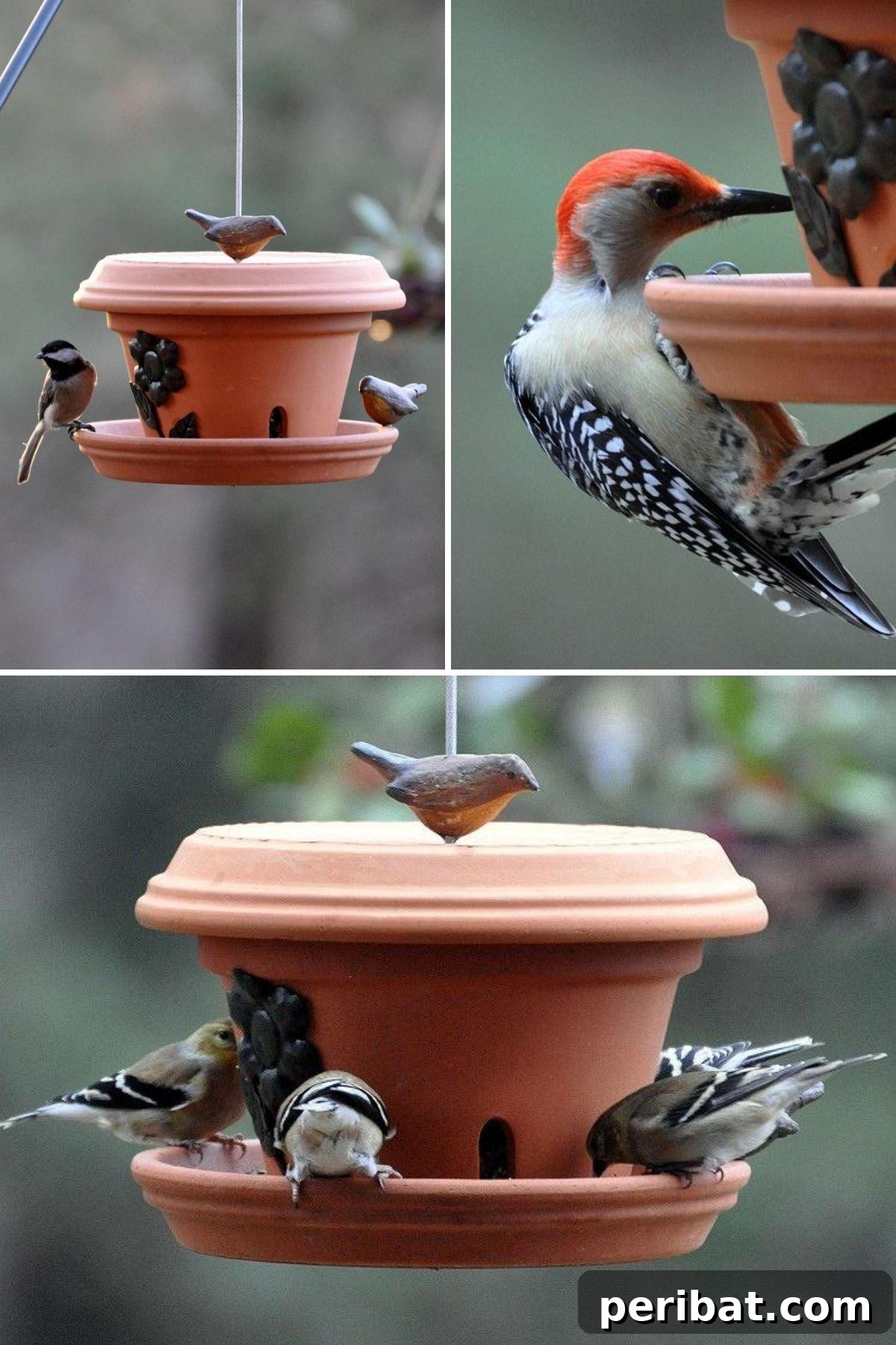 27 Terracotta Crafts to Elevate Your Outdoor Decor 9 Pot Bird Feeders collage, showing creative bird feeders made from terra cotta pots and saucers.