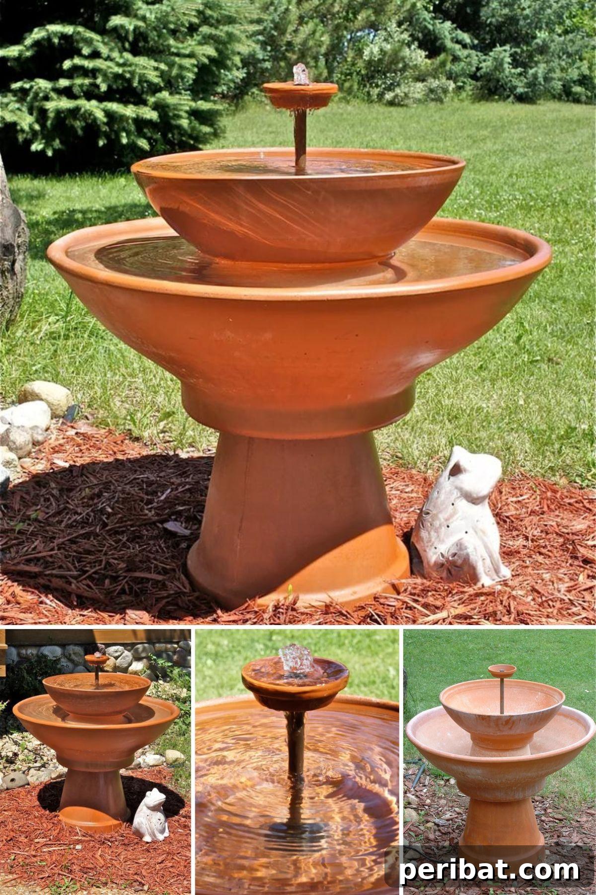 27 Terracotta Crafts to Elevate Your Outdoor Decor 10 Tranquil Water Fountain collage, featuring multi-tiered fountains made from terra cotta planters.