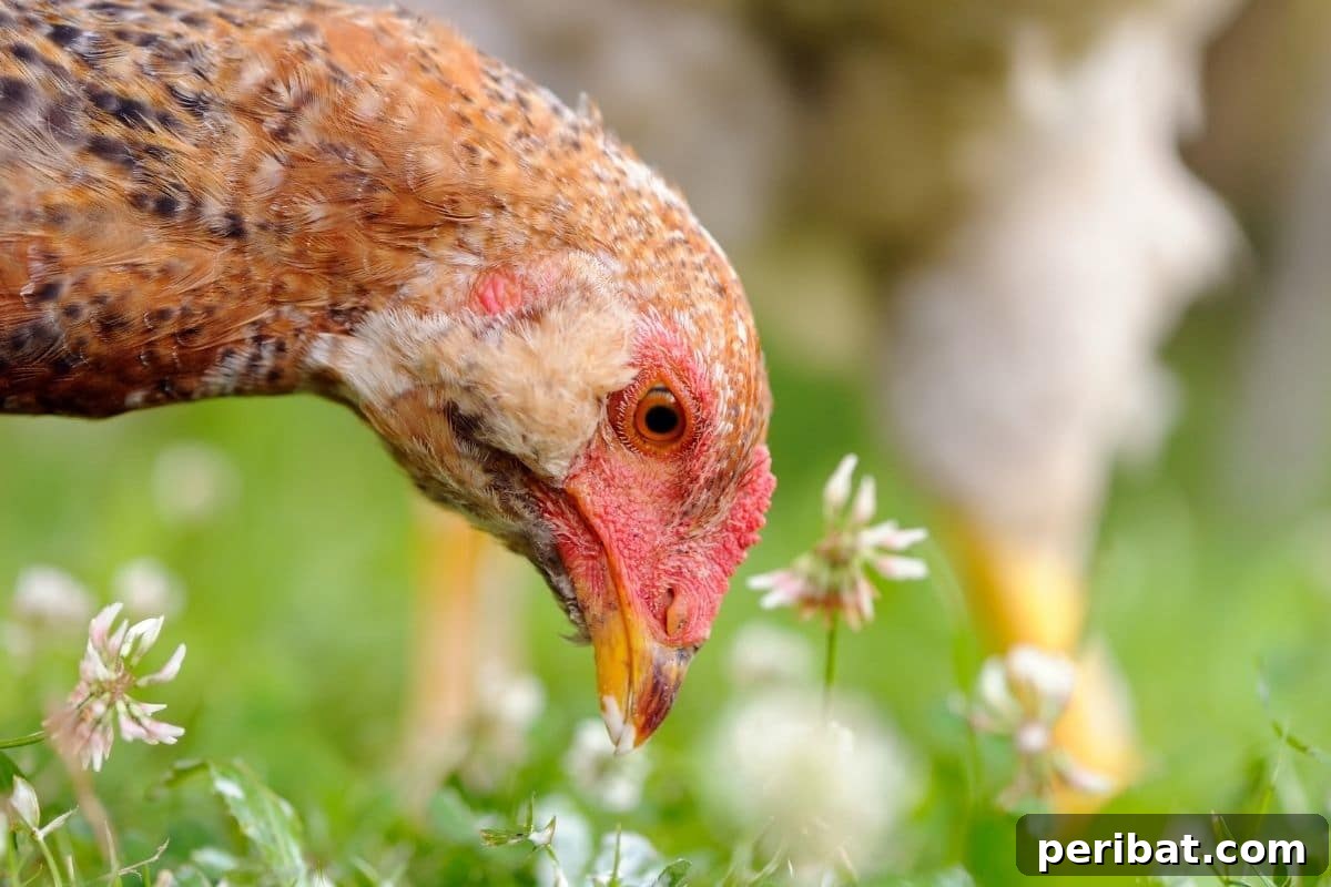 Chicken-Powered Gardening: 20 Essential Tips 13 Close-up of a chicken happily eating weeds in a lawn