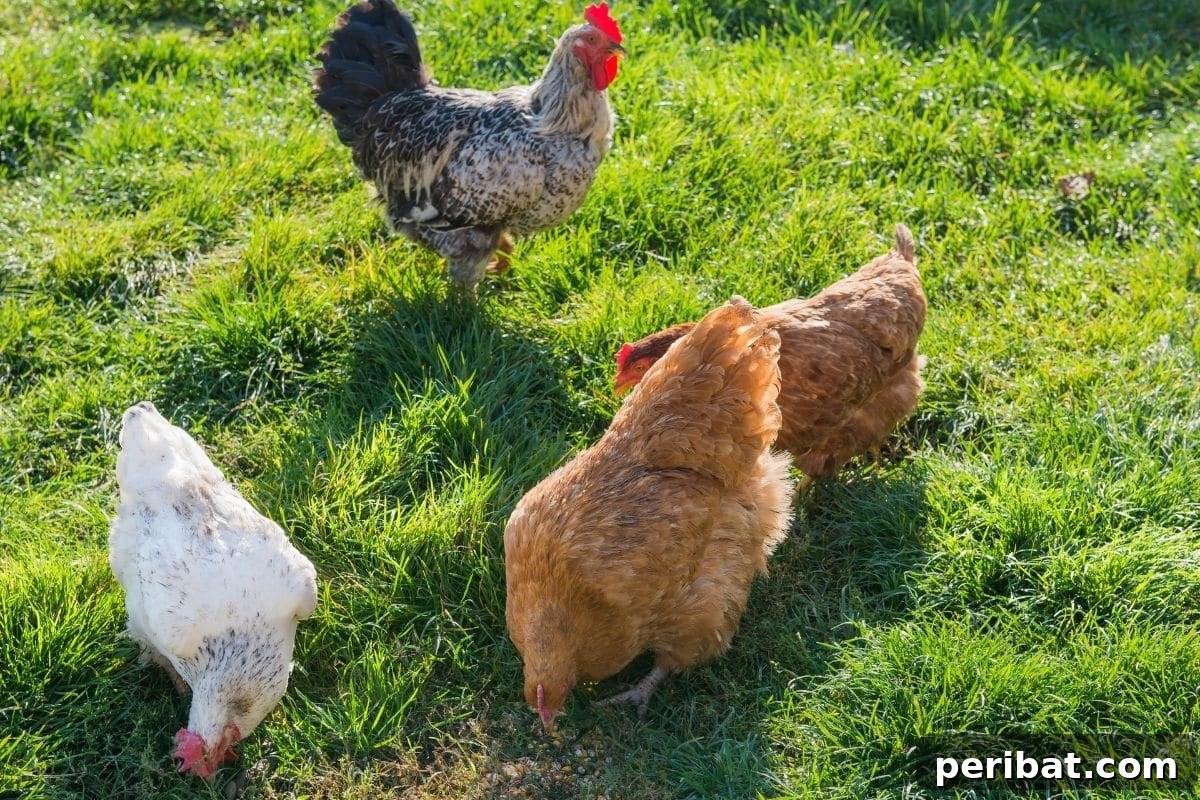 Chicken-Powered Gardening: 20 Essential Tips 14 Flock of chickens grazing on grass in a garden, illustrating their unpredictable nature