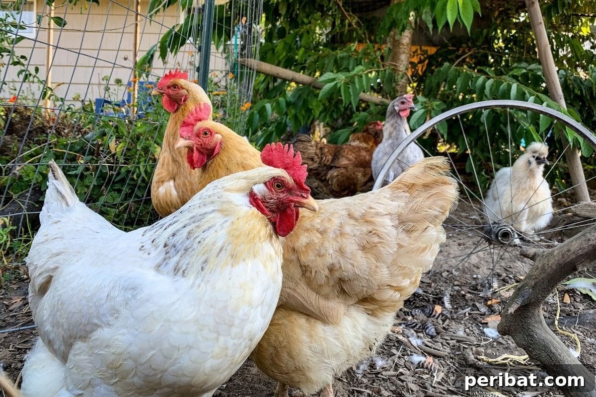 Chicken-Powered Gardening: 20 Essential Tips 3 Flock of chickens walking in a shaded garden area, seeking refuge from the sun