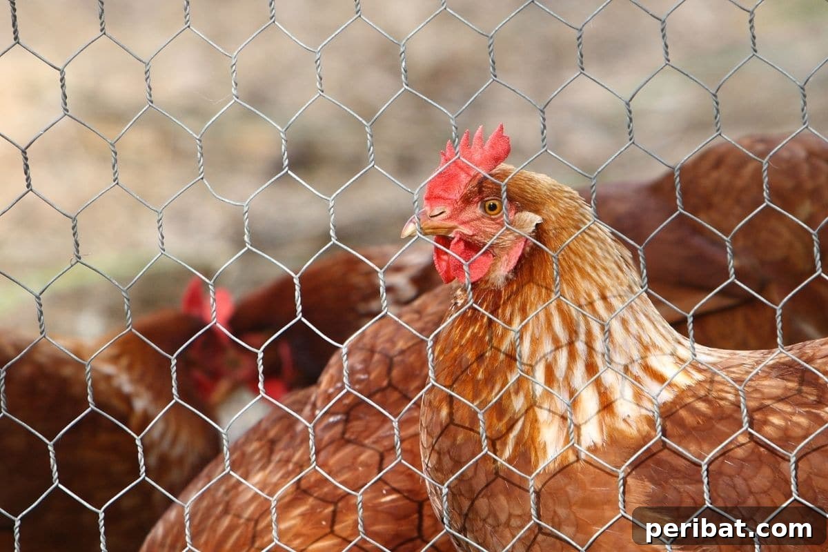 Chicken-Powered Gardening: 20 Essential Tips 7 Chicken looking through a metal fence, protecting garden plants from foraging