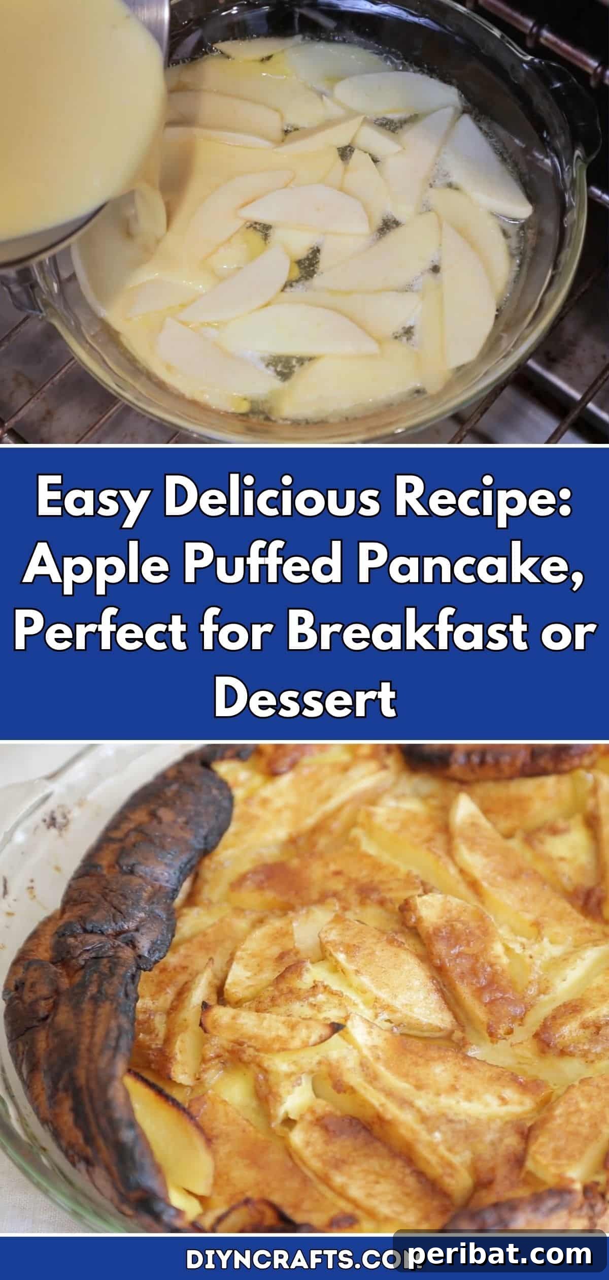 Easy Delicious Recipe: Apple Puffed Pancake, Perfect for Breakfast or Dessert. Golden brown, puffed pancake with caramelized apple slices, dusted with cinnamon sugar, and ready to be served.