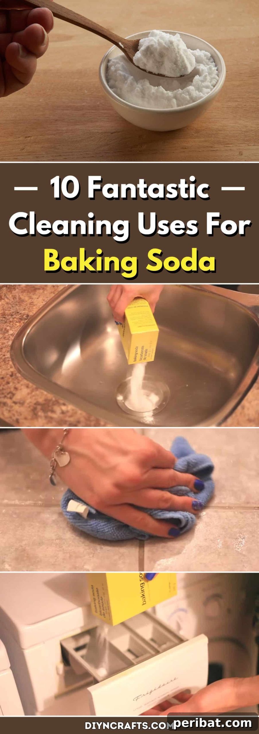 Baking soda box and cleaning tools, symbolizing its many uses for a sparkling home. A natural, versatile cleaning solution for every household.