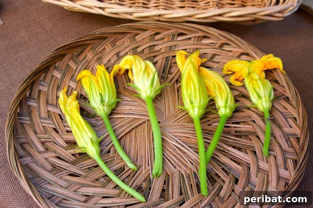 From Garden to Gourmet 10 Edible Flowers to Cultivate 11 Freshly harvested squash blossoms arranged in a rustic rattan tray, ready for culinary preparation.