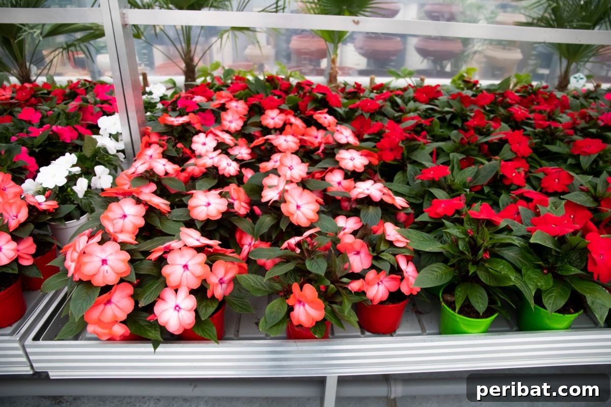From Garden to Gourmet 10 Edible Flowers to Cultivate 4 Potted red Begonia flowering seedlings arranged in a neat row within a greenhouse environment.