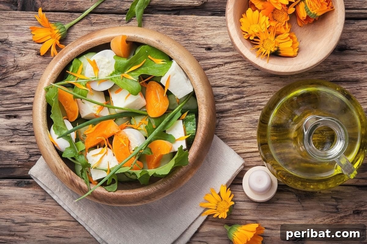 From Garden to Gourmet 10 Edible Flowers to Cultivate 7 A vibrant bowl of fresh salad, adorned with bright orange Calendula flowers, sits invitingly on a wooden table.