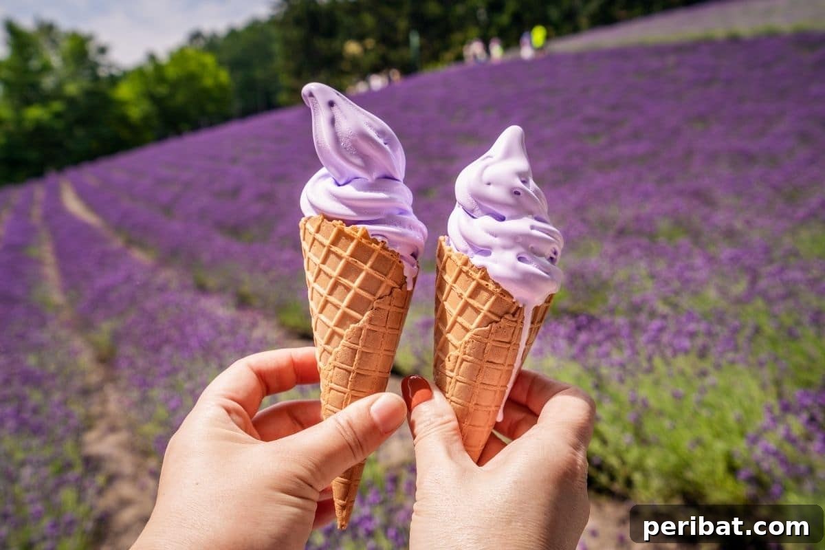From Garden to Gourmet 10 Edible Flowers to Cultivate 9 A joyful image of two ladies' hands holding up lavender ice cream cones, with a stunning lavender field stretching out in the background.