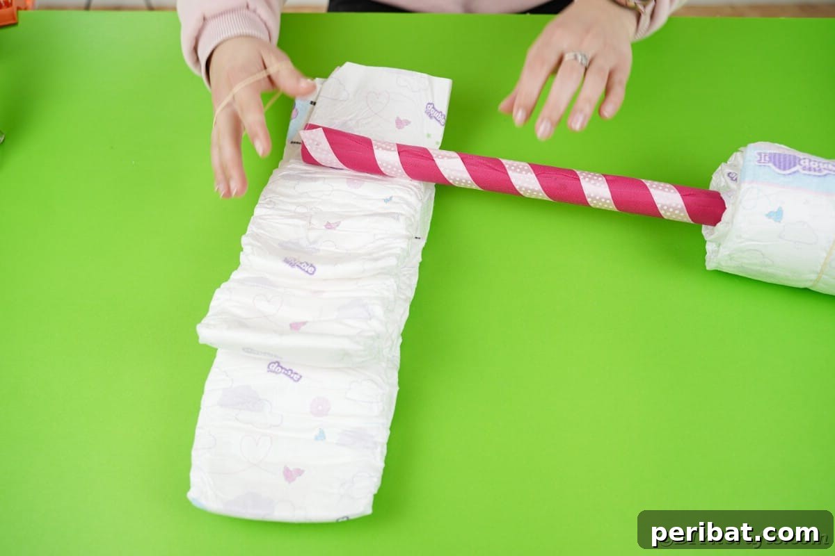 Enchanting Diaper Carriage Baby Shower Surprise 11 Diapers stacked on each other with white and pink stick laying on top