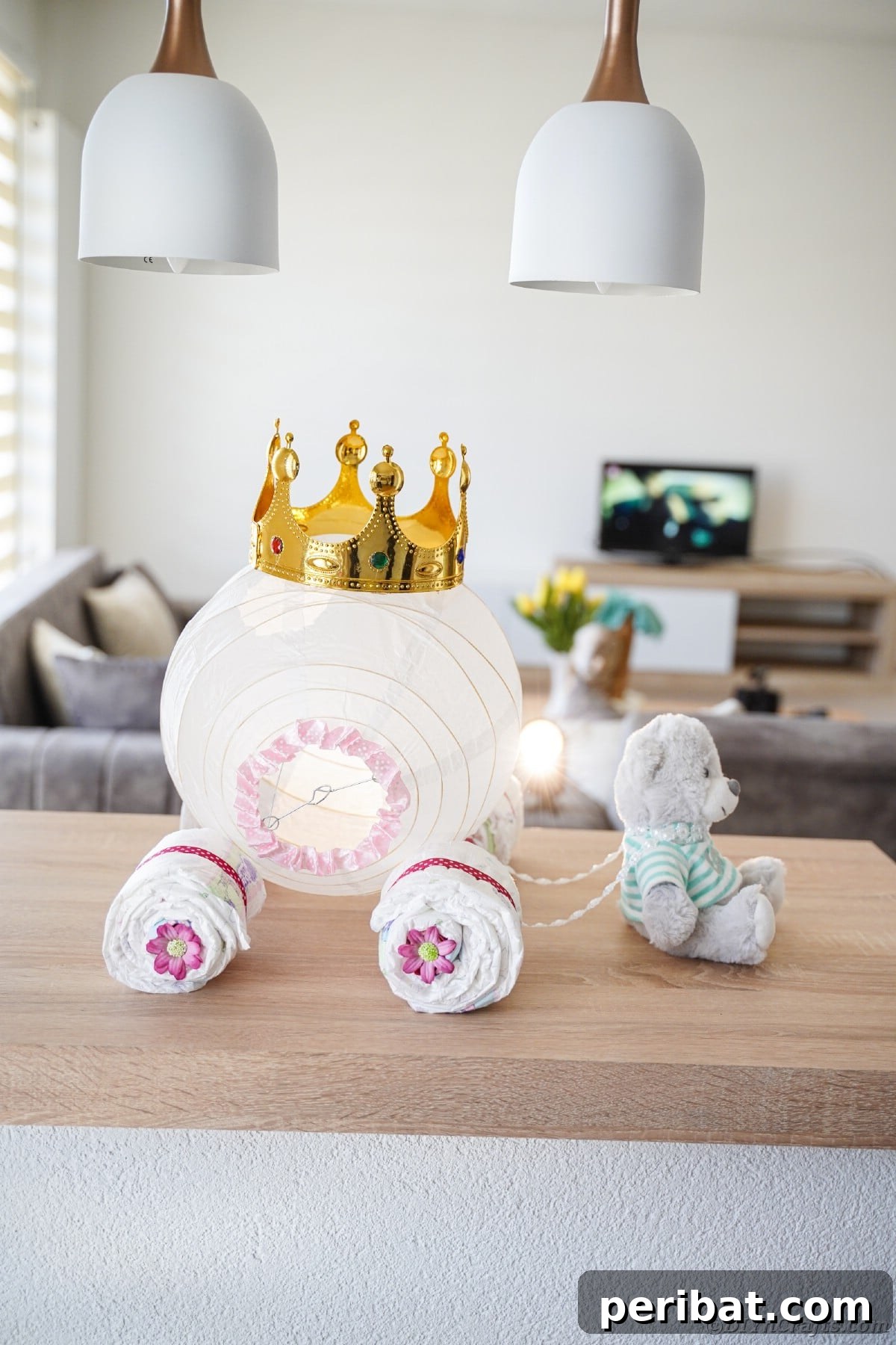 Enchanting Diaper Carriage Baby Shower Surprise 20 Diaper cake with teddy bear in front on table