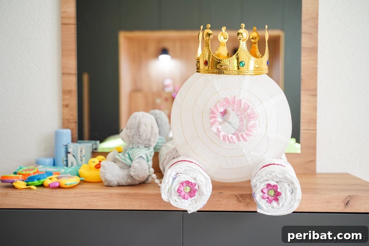 Enchanting Diaper Carriage Baby Shower Surprise 21 Cinderella carriage made out of lantern on dresser by teddy bear