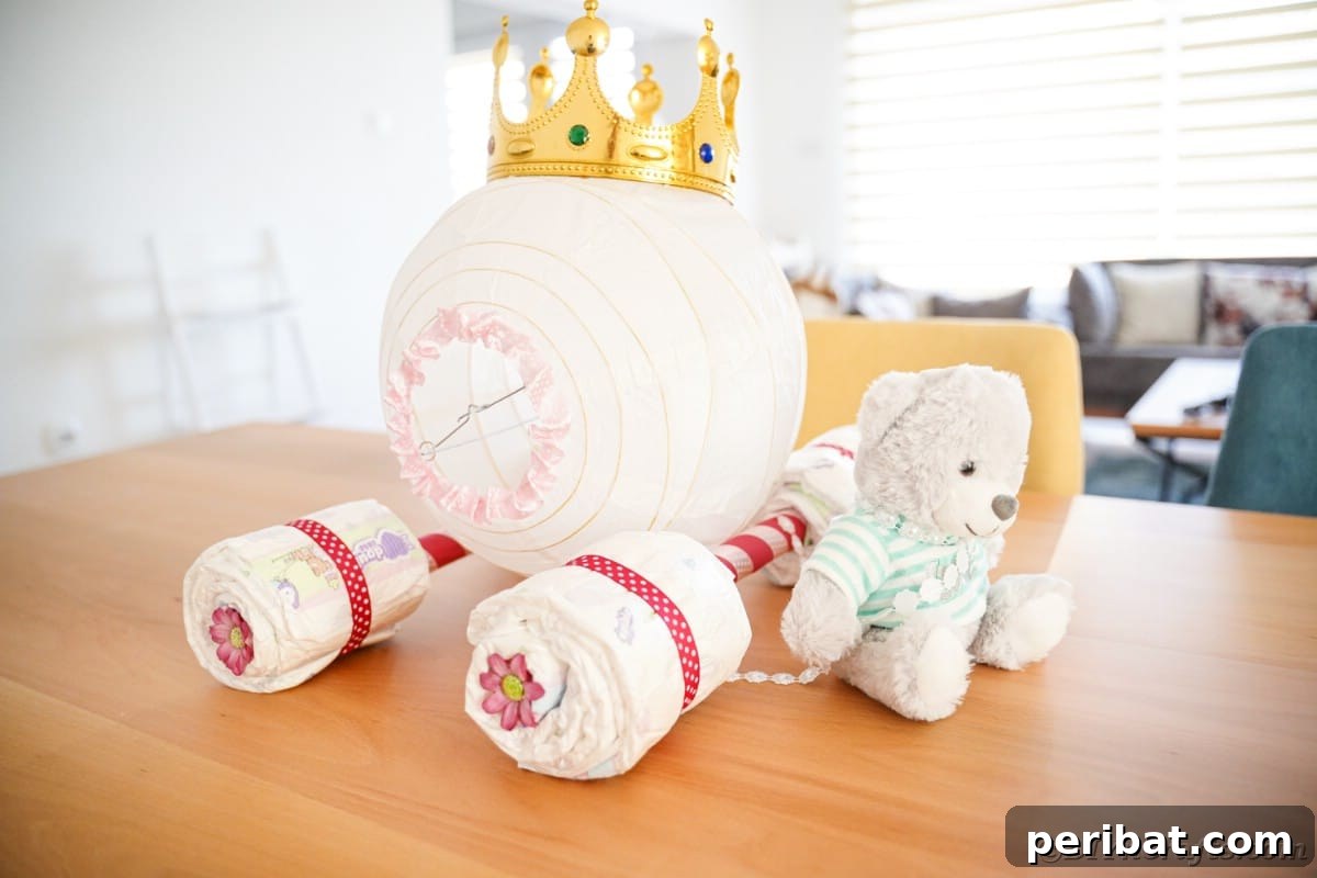 Enchanting Diaper Carriage Baby Shower Surprise 6 Carriage diaper cake on kitchen table