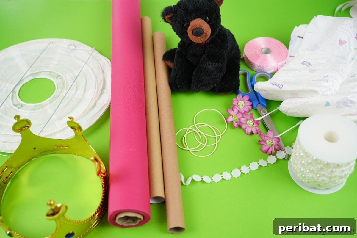 Enchanting Diaper Carriage Baby Shower Surprise 8 Paper lantern crown pink paper and bear on green table