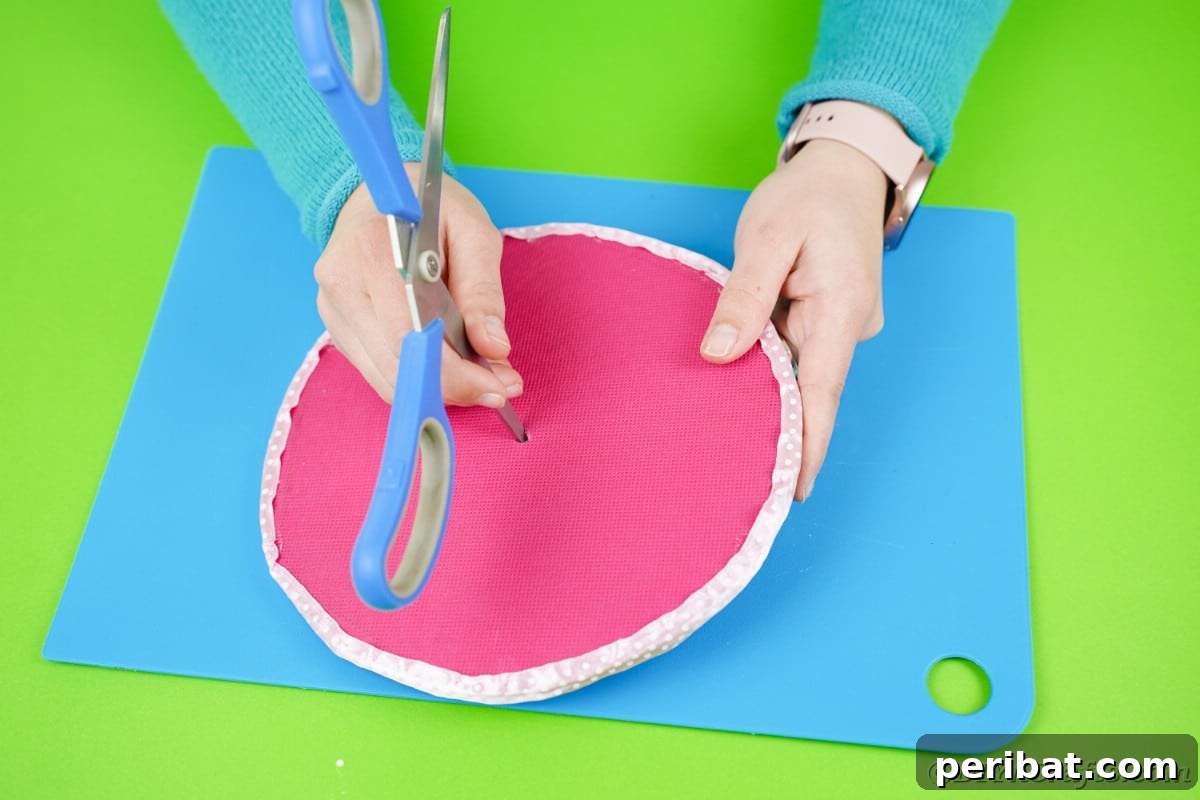 Craft Your Own Darling Pacifier Diaper Cake 10 Using scissors to cut hole in middle of pink circle