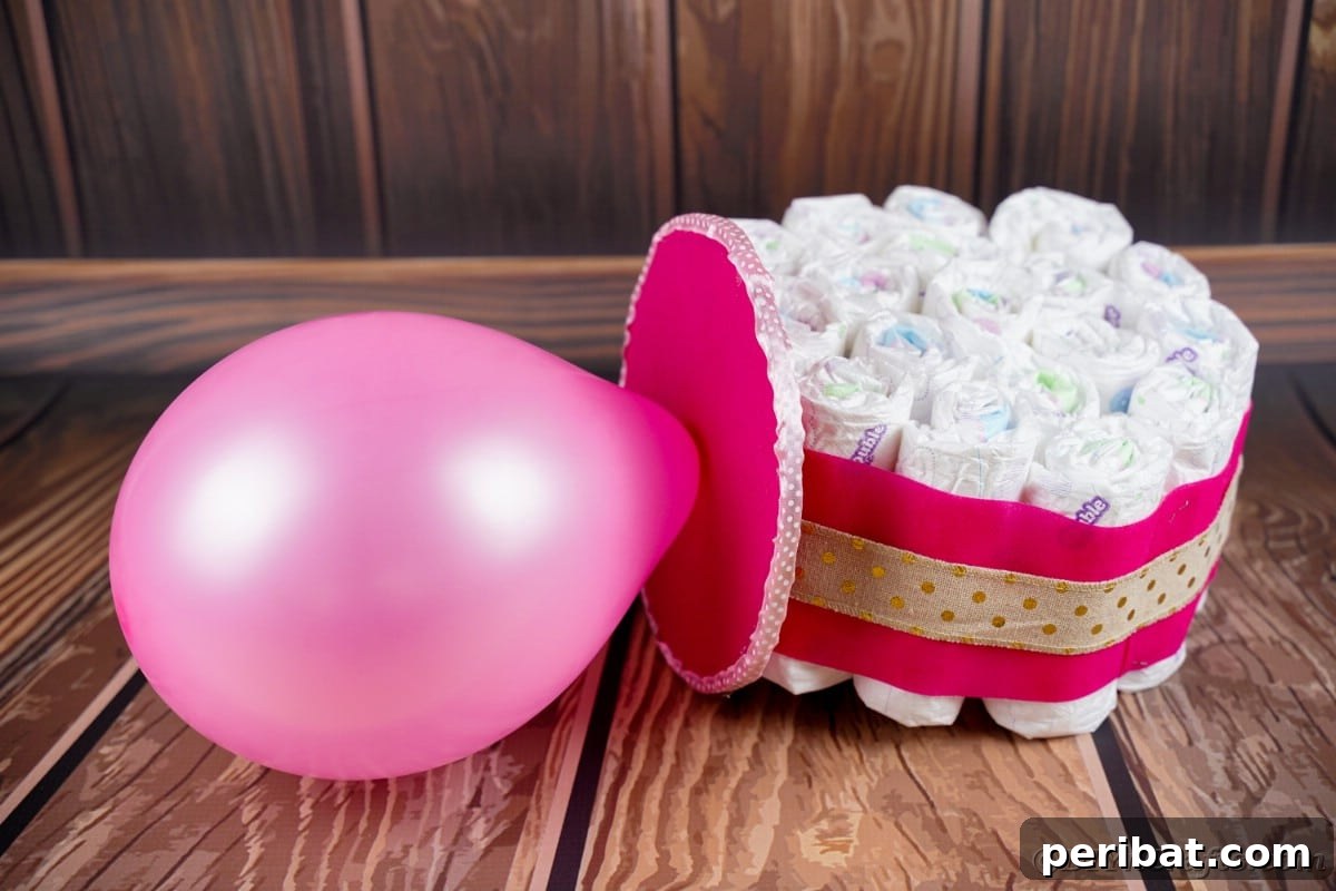 Craft Your Own Darling Pacifier Diaper Cake 13 Balloon and diaper oversized pacifier on wooden table