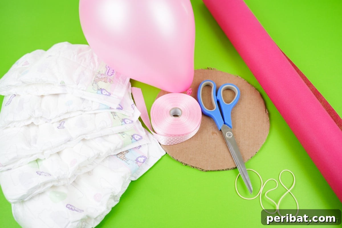 Craft Your Own Darling Pacifier Diaper Cake 6 Diapers balloons scissors and ribbon on green table