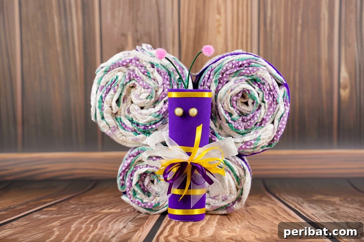 Fluttering Baby Delight: DIY Butterfly Diaper Cake 2 Charming DIY butterfly diaper cake on a rustic wooden table against a wood-paneled wall, perfect for a baby shower gift.