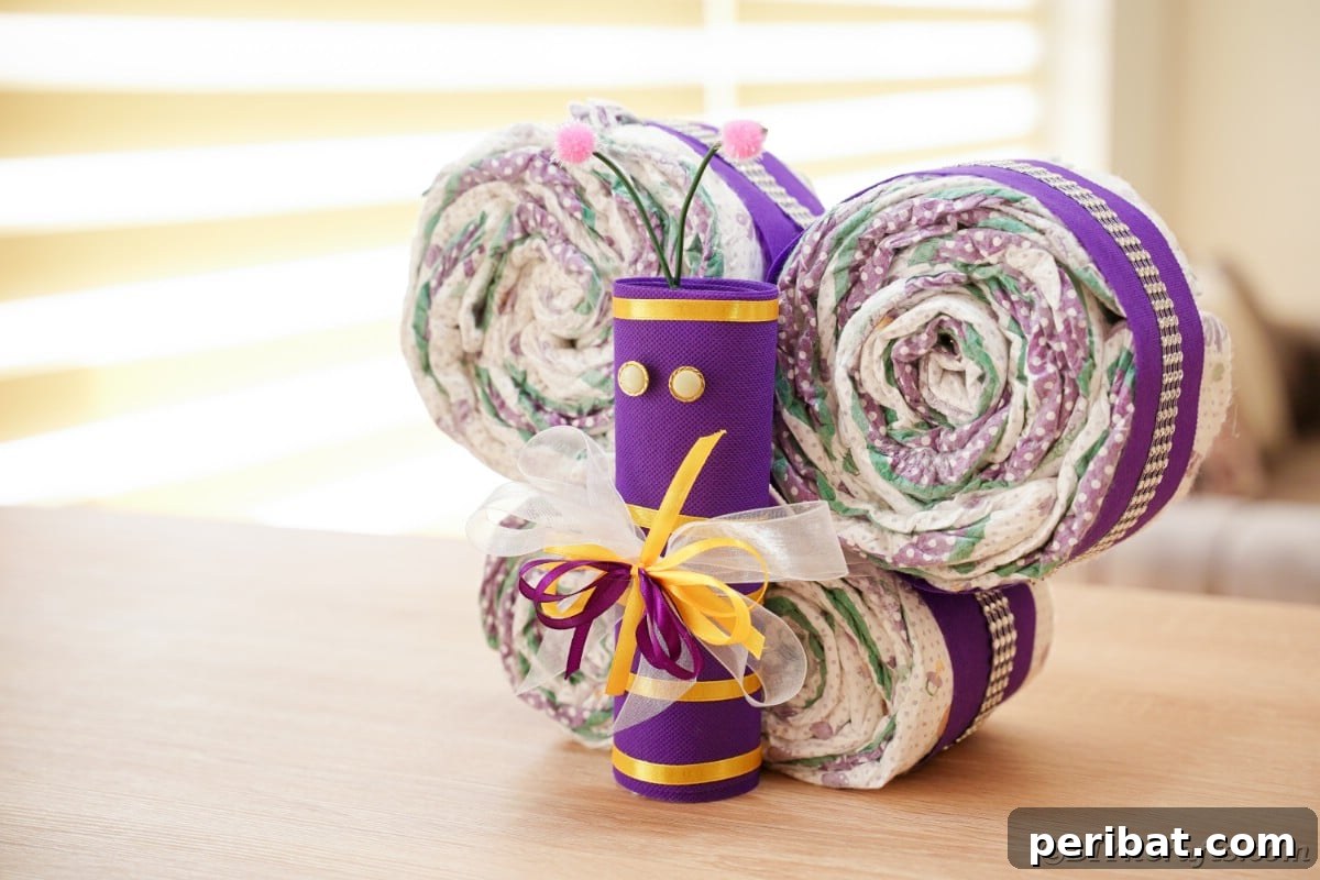 Fluttering Baby Delight: DIY Butterfly Diaper Cake 4 Elegant purple butterfly diaper cake resting on a wooden table, showcasing a handcrafted baby gift idea.