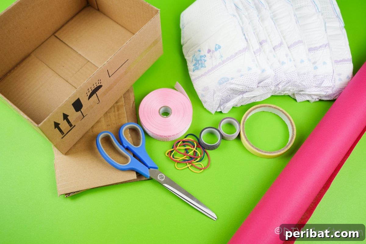 cardboard ribbon pink paper and diapers on green table