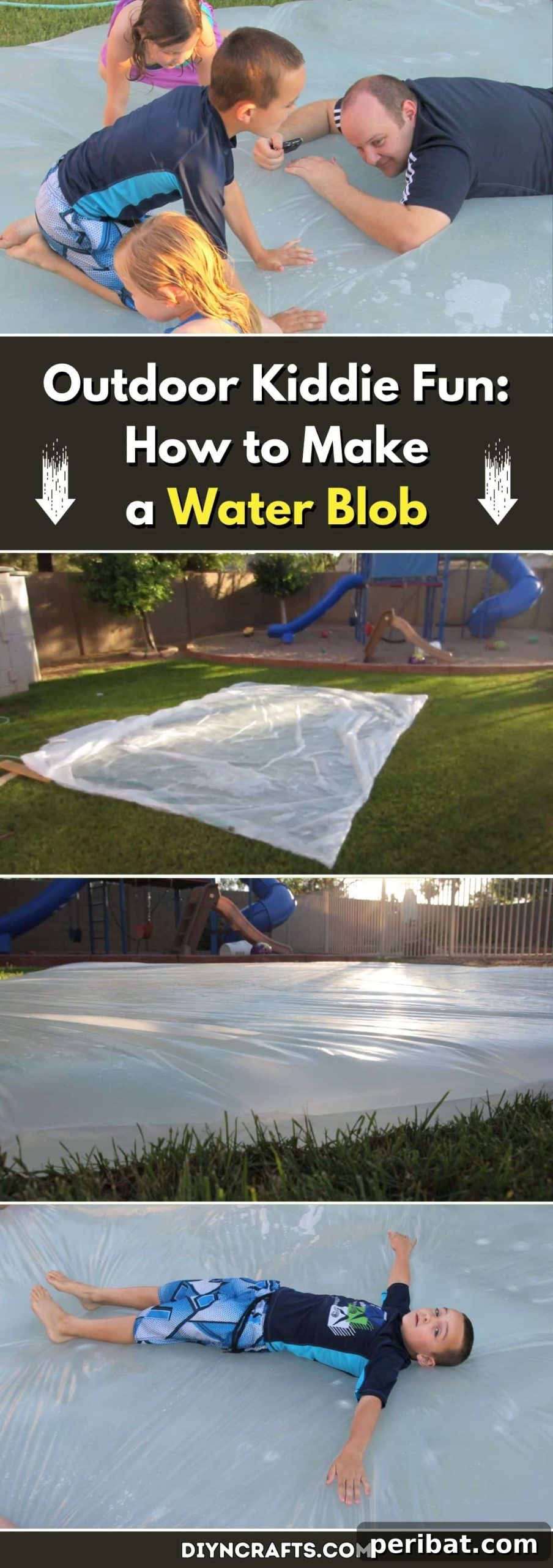 Build Your Own Backyard Water Blob for Epic Summer Fun 2 Children happily playing on a colorful DIY water blob in a sunny backyard.