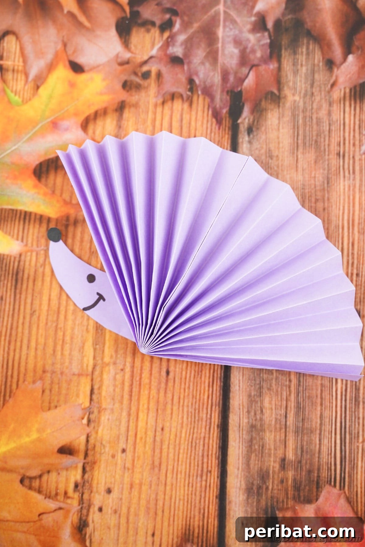 Fan-tastic Hedgehog Craft for Kids 6 A close-up of a purple paper fan with a hand-drawn hedgehog face, ready for display.