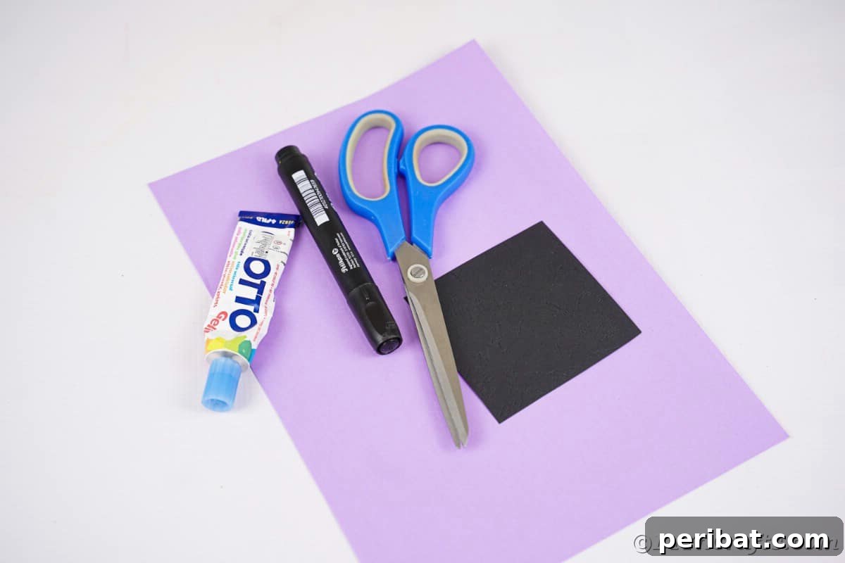 Fan-tastic Hedgehog Craft for Kids 8 Purple craft paper laid out on a white table, accompanied by scissors, craft glue, and a black marker, indicating preparation for the craft.