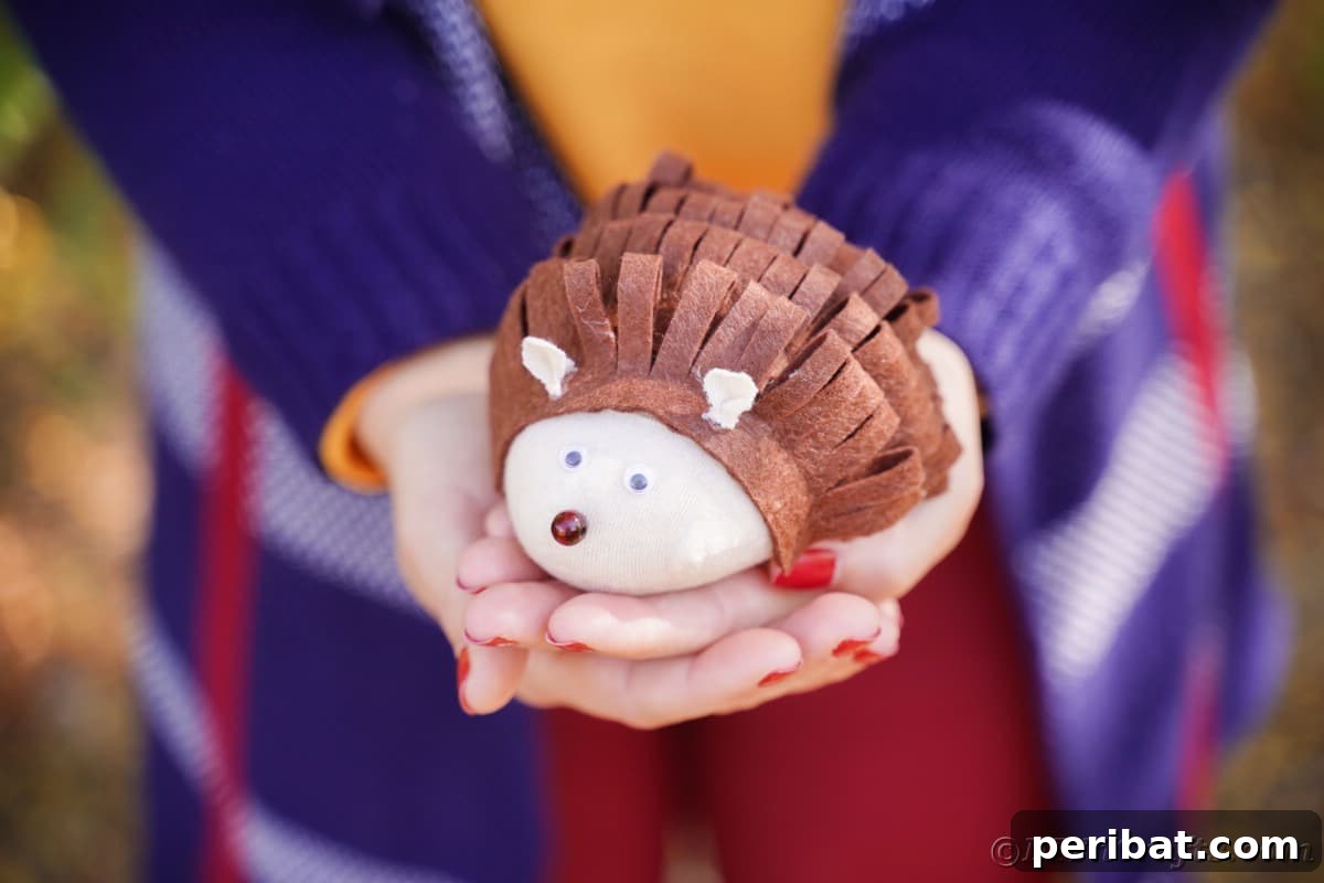 Effortless No-Stitch Fabric Hedgehog Creation 19 A woman in a navy blue jacket gently holds a finished stuffed hedgehog toy in her hands, showcasing the completed no-sew craft.