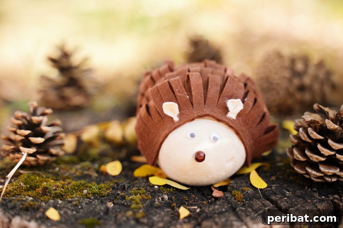 Effortless No-Stitch Fabric Hedgehog Creation 4 A charming, handcrafted toy hedgehog sits gracefully on a rustic tree stump, surrounded by vibrant autumn leaves, embodying a woodland aesthetic.