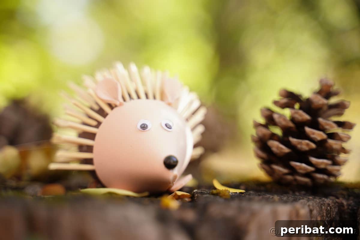 Rustic Foam Hedgehog: An Easy Autumn Craft for Kids 5 Homemade foam hedgehog on stump by big pinecone