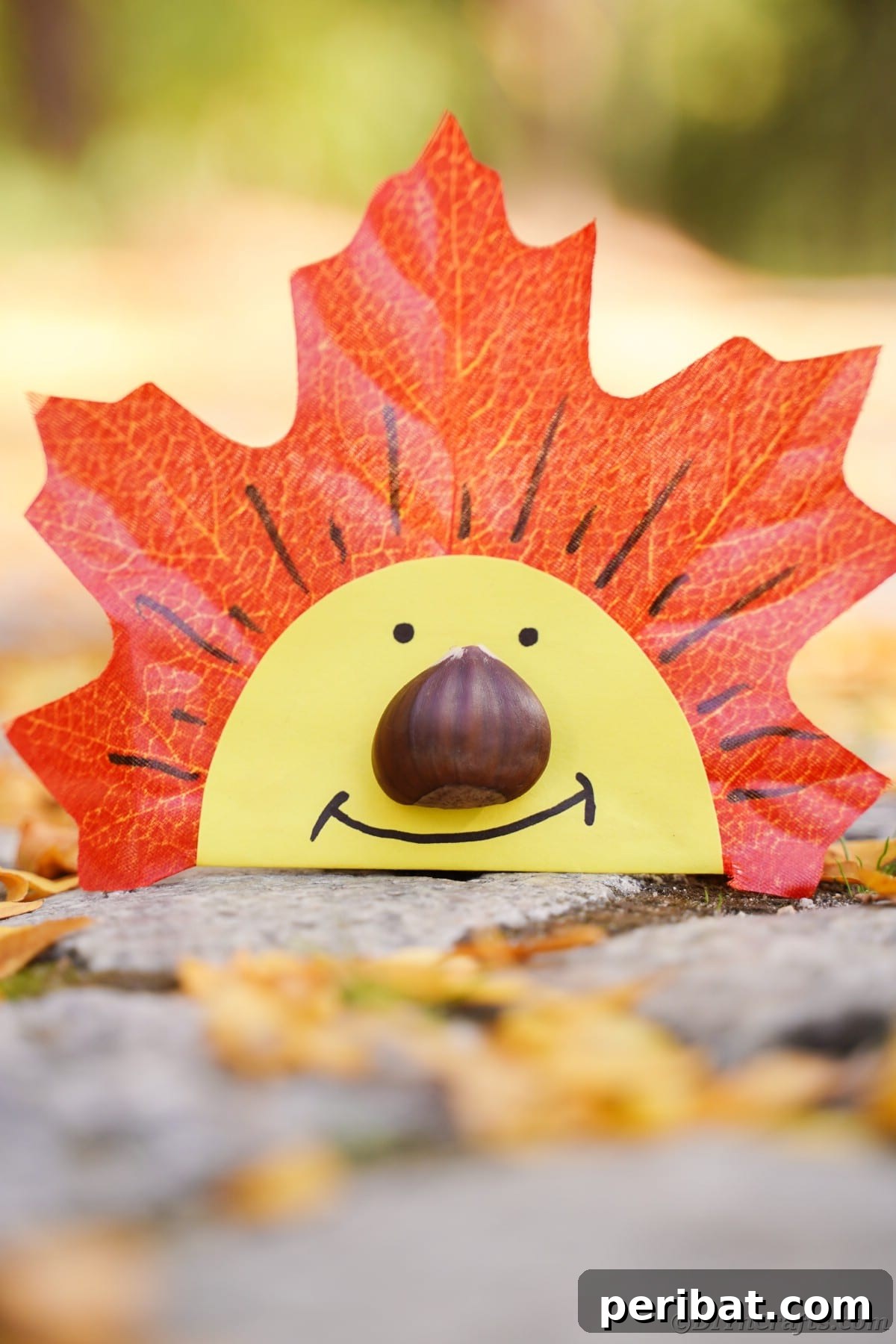 Close up image of yellow smiling face on artificial orange leaf sitting on drive