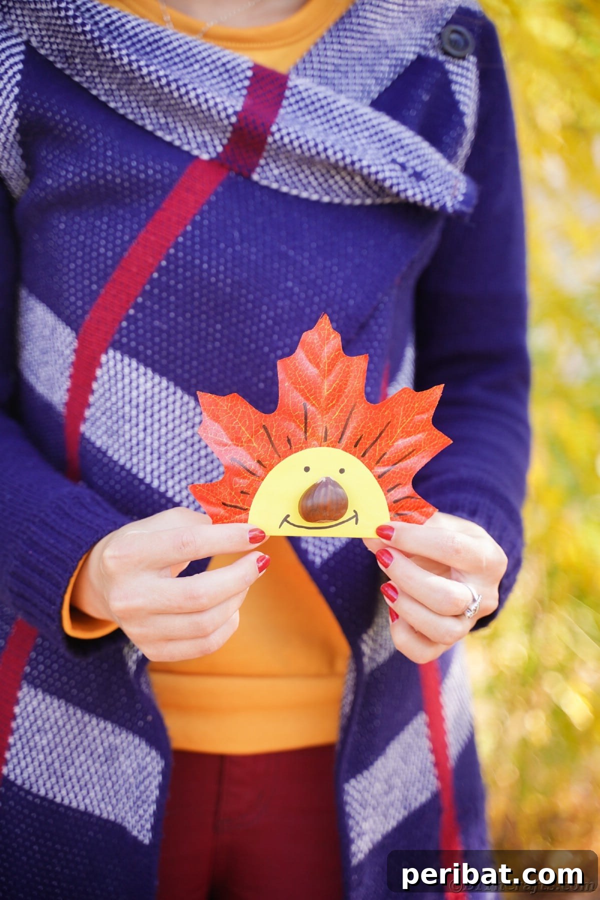 Woman in blue sweater holding fake leaf with smiling hedgehog face